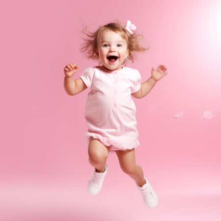 Cute little girl jumping with flying hair over pink background. Happy childhood.の素材