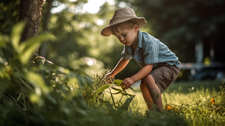 Cute little boy in hat working in the garden on summer dayの素材