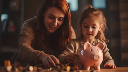 Mother and daughter are playing with a piggy bank at home.の素材