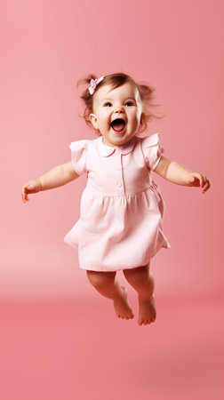 Cute little girl in a pink dress jumping on a pink backgroundの素材