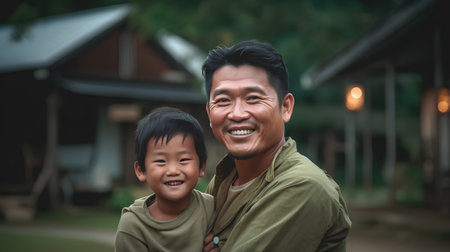 Portrait of happy Asian grandfather and grandson smiling and looking at cameraの素材