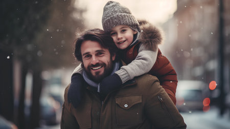 Happy father and his little daughter having fun on the street in winterの素材