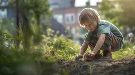 Little boy planting seedlings in the garden. Selective focus. nature.の素材