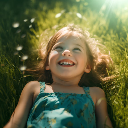 Cute little girl lying on the grass in the park and smilingの素材