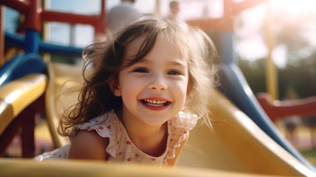 Portrait of a cute little girl playing on the playground in summerの素材