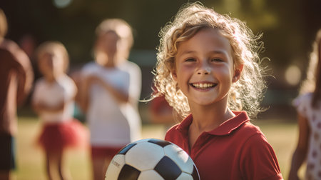 Portrait of smiling little girl holding soccer ball on blurred background of friendsの素材