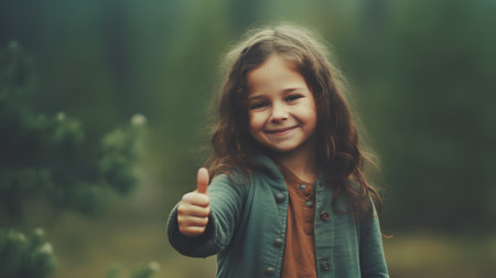 Portrait of a cute little girl showing thumbs up in the forestの素材