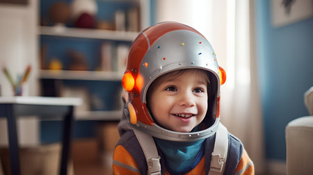 Portrait of a little boy in an astronaut helmet at home.の素材