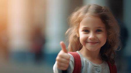 Portrait of a cute little girl showing thumbs up at the cameraの素材