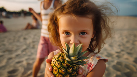 Cute little girl with pineapple on the beach. Summer vacation.の素材