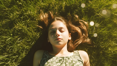 beautiful young woman lying on the grass with closed eyes looking upの素材