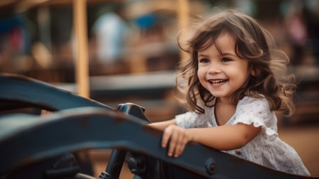 Portrait of cute little girl having fun on carousel in amusement parkの素材