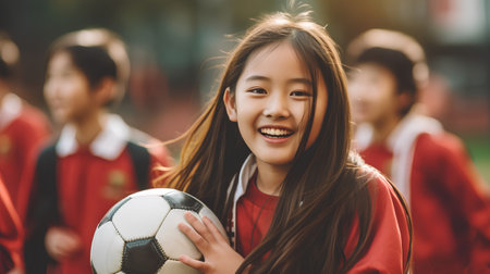 Cheerful asian schoolgirl holding soccer ball in hands.の素材