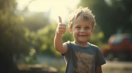 Portrait of a little boy showing thumbs up in the park.の素材