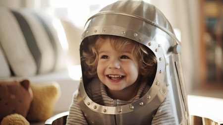 Portrait of smiling little boy wearing knight helmet at home. Concept of friendly family.の素材