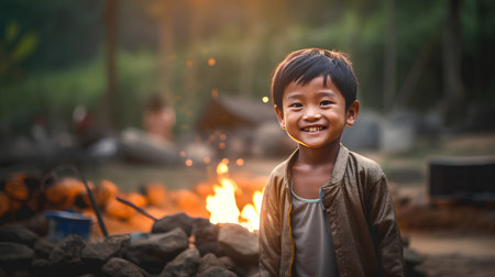 Little asian boy smiling at the campfire in the forest.の素材