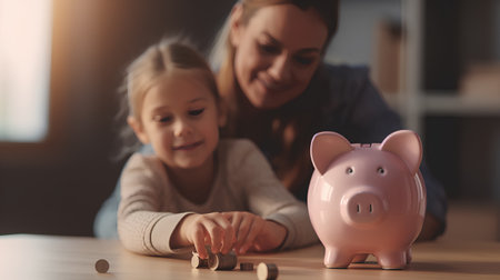 Cute little girl and her mother are putting coin into piggy bank.の素材