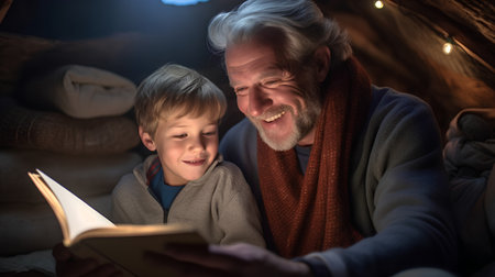 Grandfather and grandson reading a book together in a tent at nightの素材