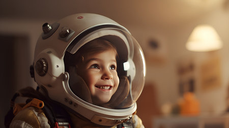 Portrait of cute little boy in astronaut helmet smiling and looking awayの素材
