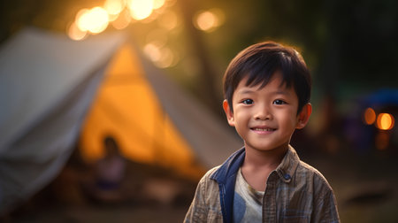 Little asian boy smiling in front of a tent in the eveningの素材