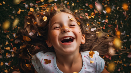 Cute little girl with golden confetti on her face lying on green backgroundの素材