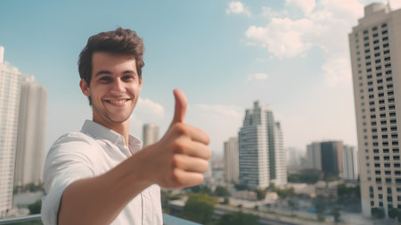 Young handsome businessman showing thumbs up against the backdrop of the city.の素材