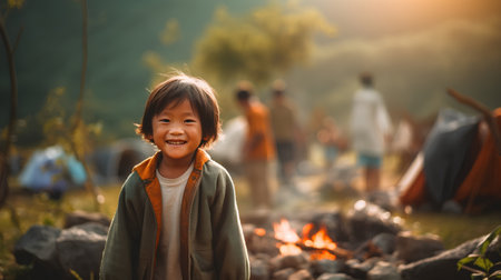 Little asian girl smiling in front of campfire in the forest.の素材