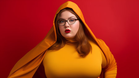 Portrait of a beautiful plus size woman in a yellow hoodie and glasses on a red background.の素材