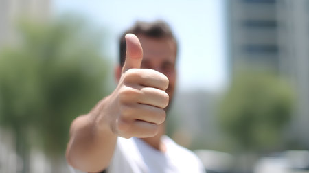 Young man showing thumbs up in the city. Shallow DOFの素材