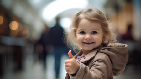 Cute little girl with thumbs up in the shopping center. Shallow depth of fieldの素材