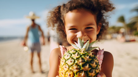 little african american girl with pineapple in hand on summer beachの素材