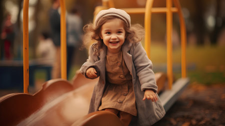 Little girl having fun on the playground in autumn. Portrait of a cute little girlの素材
