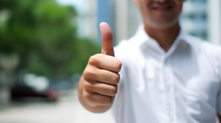 Young businessman showing thumbs up gesture on blurred background. Selective focus.の素材
