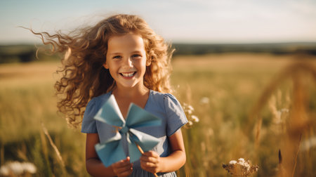 Little girl with windmill in the field. Happy childhood concept.の素材