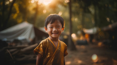 Little asian boy in yellow clothes standing in front of the camp.の素材