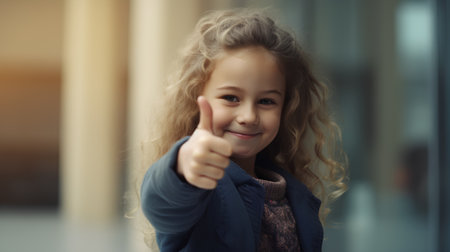 Portrait of a cute little girl with curly hair showing thumbs upの素材