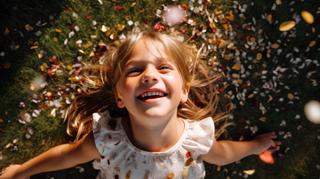 Portrait of a happy little girl lying on the grass in the parkの素材