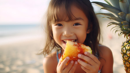 Cute little asian girl eating pineapple on the beach at sunsetの素材
