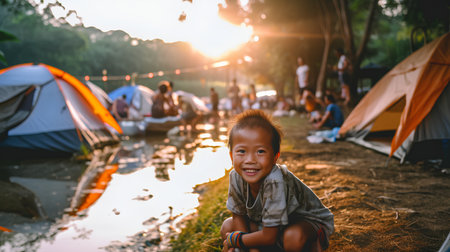 Little asian boy sitting in front of the tent on the riverの素材