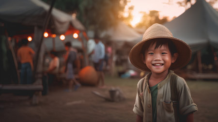 Little asian boy wearing a hat and smiling at the camera.の素材