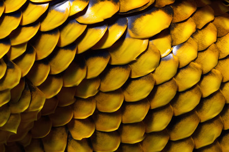 Close up of golden dragon skin texture background. Golden scales texture.の素材