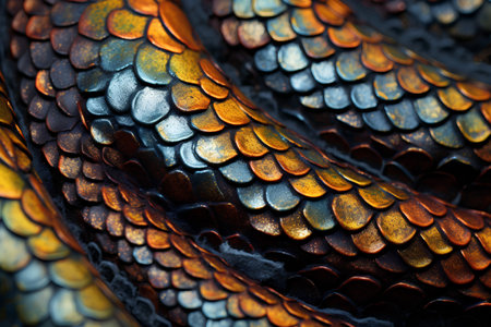 Detail of a bronze snake skin texture background. Close up.の素材