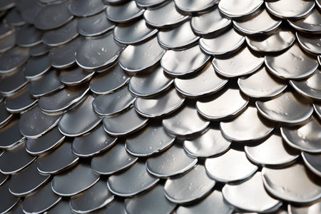 Closeup detail of silver metal shingles pattern texture background.の素材