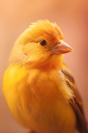 Beautiful yellow canary bird on a natural background. Close-up.の素材