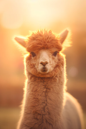 Alpaca portrait in sunset light. Alpaca farm animal.の素材