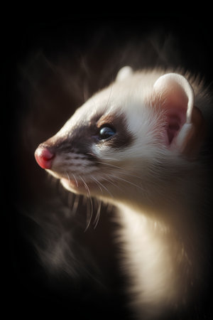 Portrait of a ferret on a dark background with smoke.の素材