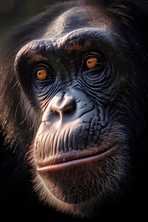 Portrait of a chimpanzee in the nature. Black background.の素材