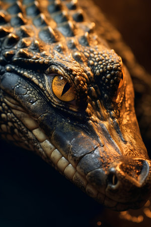 Close-up portrait of a crocodile with big yellow eyes.の素材