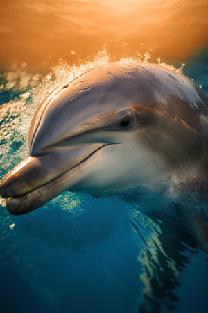 Dolphin swimming in the sea at sunset. 3d illustration.の素材