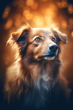 Portrait of a dog on a background of golden bokeh.の素材